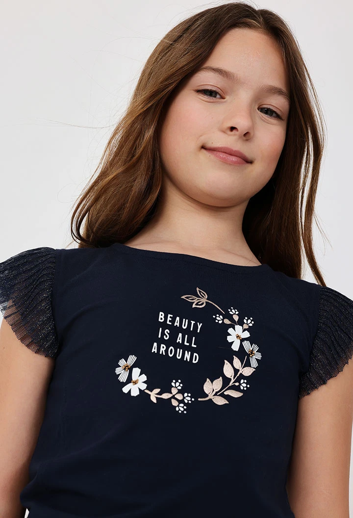 Girl's knitted T-shirt with floral print in navy blue