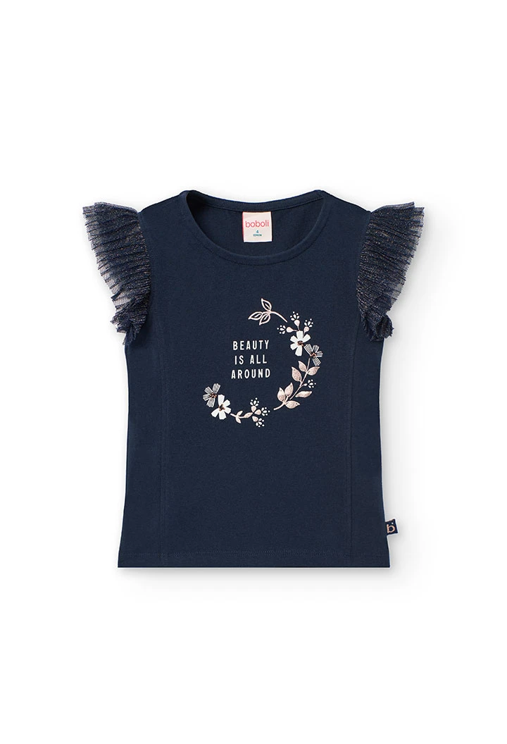 Maglietta lavorata a maglia per bambina con stampa floreale in colore blu navy.