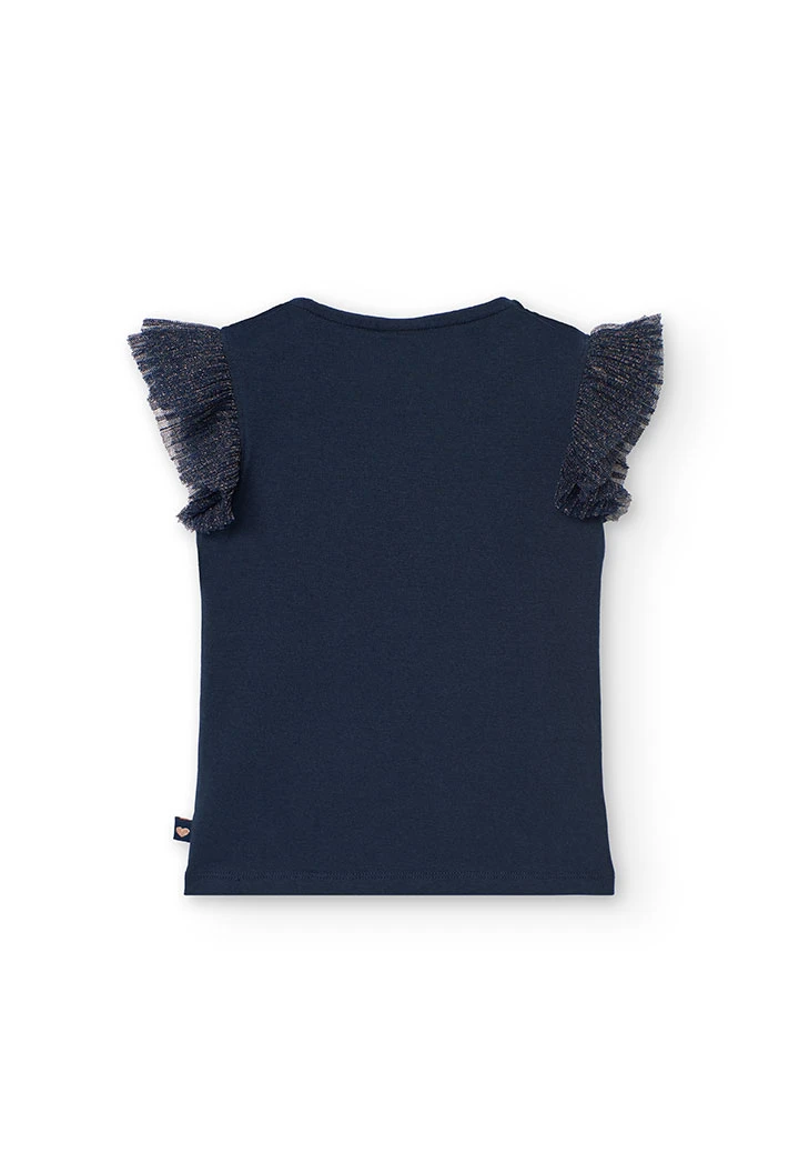 Maglietta lavorata a maglia per bambina con stampa floreale in colore blu navy.