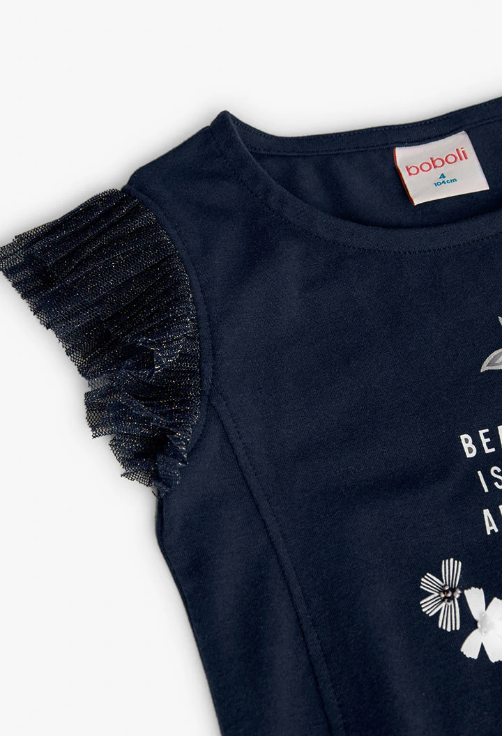 Maglietta lavorata a maglia per bambina con stampa floreale in colore blu navy.
