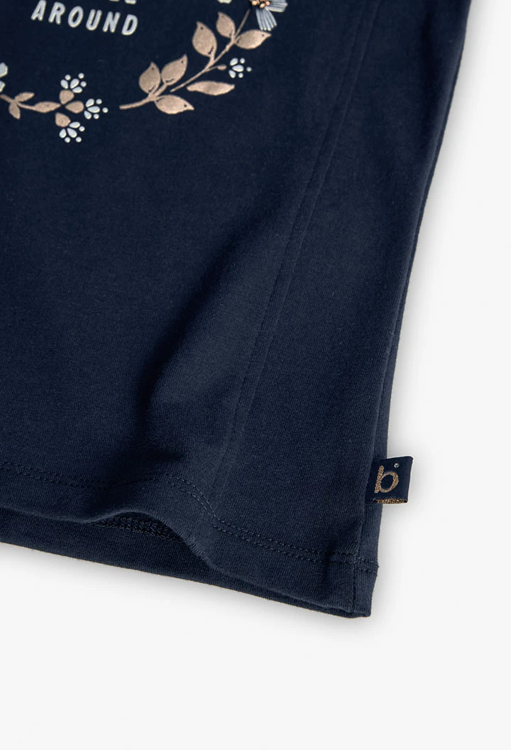 Maglietta lavorata a maglia per bambina con stampa floreale in colore blu navy.