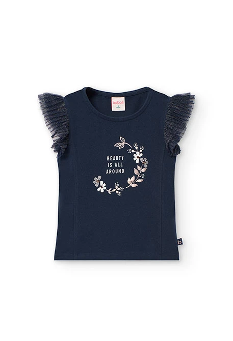 Camisola de malha para menina com estampado de flores em azul-marinho.