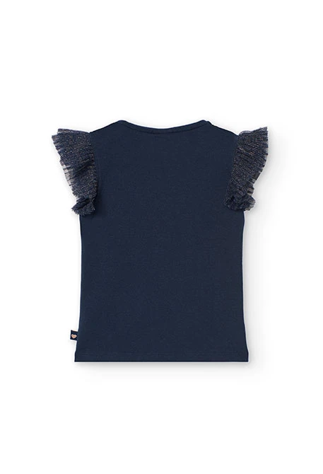Camisola de malha para menina com estampado de flores em azul-marinho.