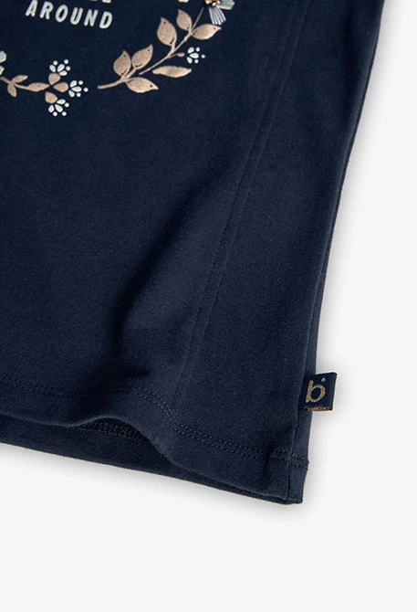 Camisola de malha para menina com estampado de flores em azul-marinho.