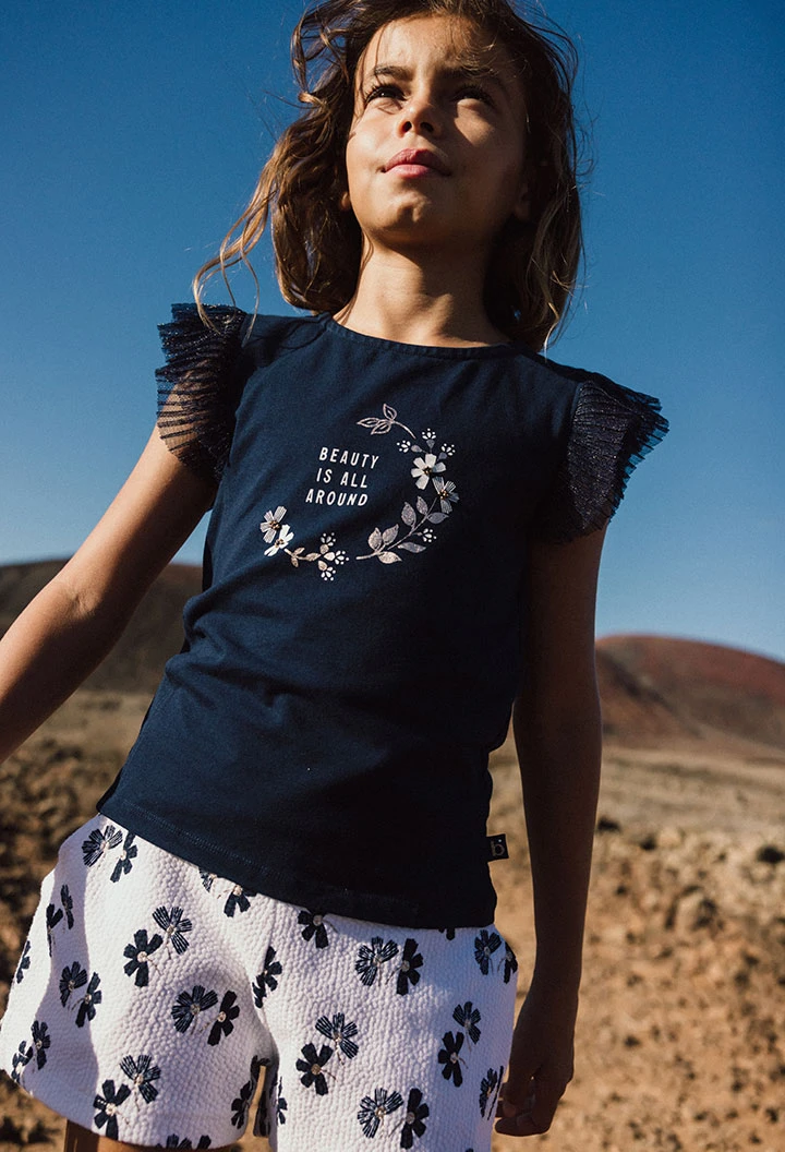 Short en maille pour fille avec imprimé de fleurs en blanc et bleu