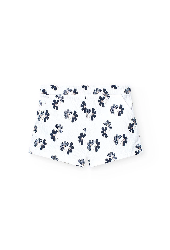 Short en maille pour fille avec imprimé de fleurs en blanc et bleu