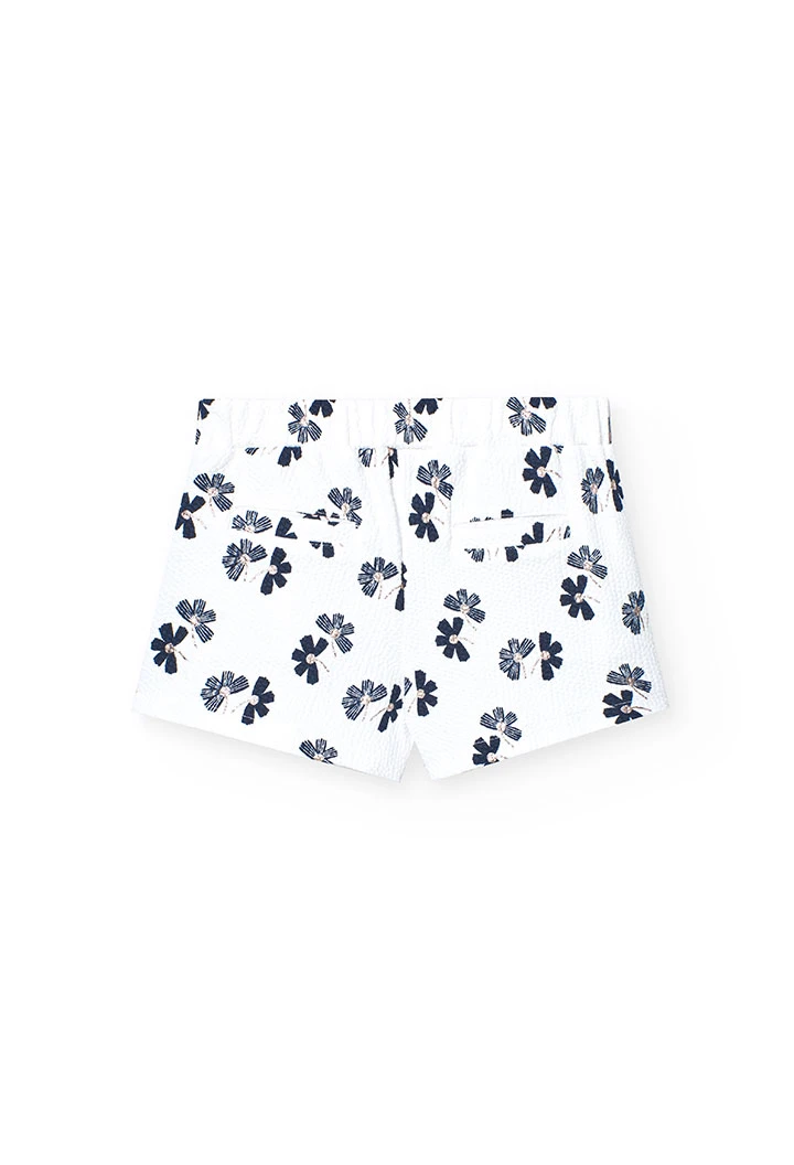 Short en maille pour fille avec imprimé de fleurs en blanc et bleu