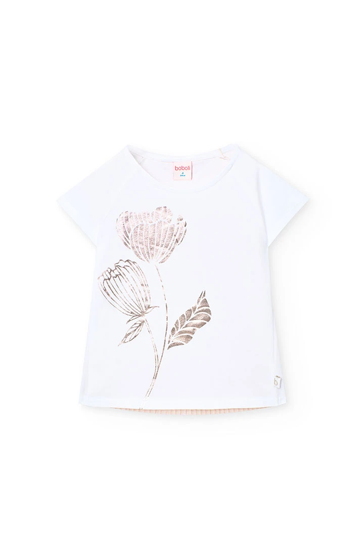T-shirt de malha para menina em cor branca com design de uma flor