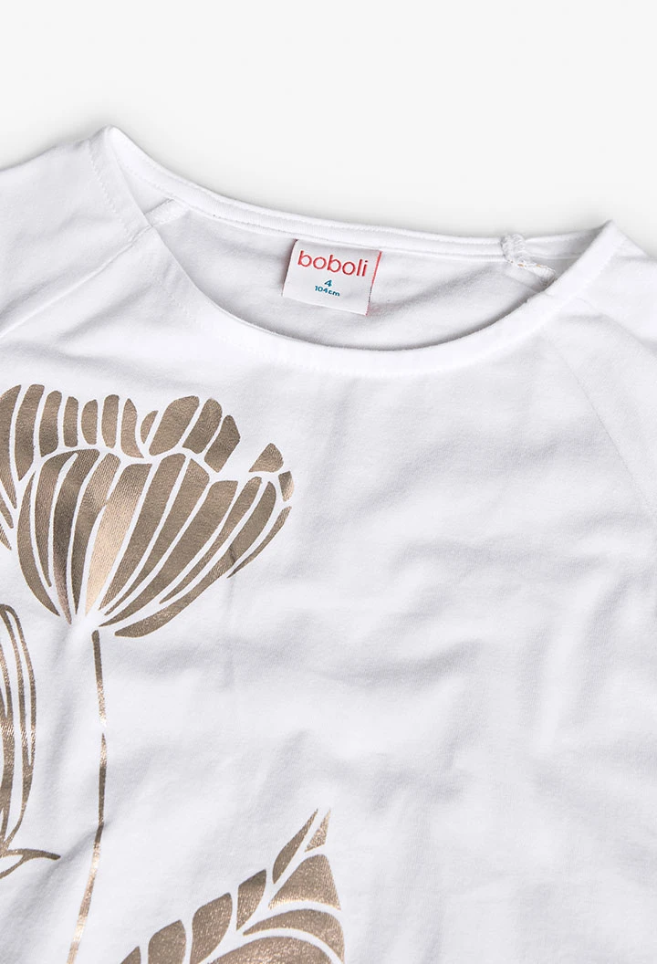 T-shirt de malha para menina em cor branca com design de uma flor