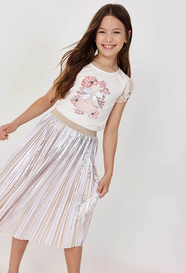 Pleated knit skirt for girl in white colour