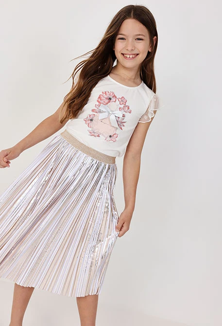 Gonna a pieghe in maglia per bambina di colore bianco