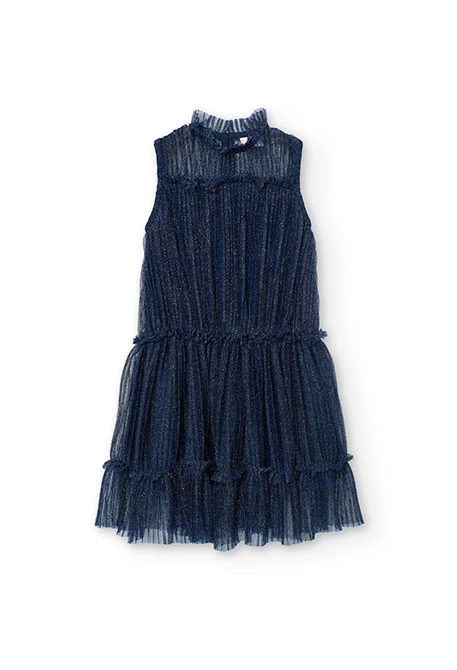 Mayoral Bambina Vestito Bimba Mayoral In Tulle Plissettato | Colore Cielo | Fodera Cotone | Con Fiocco Decorativo Abito Festa Bimba