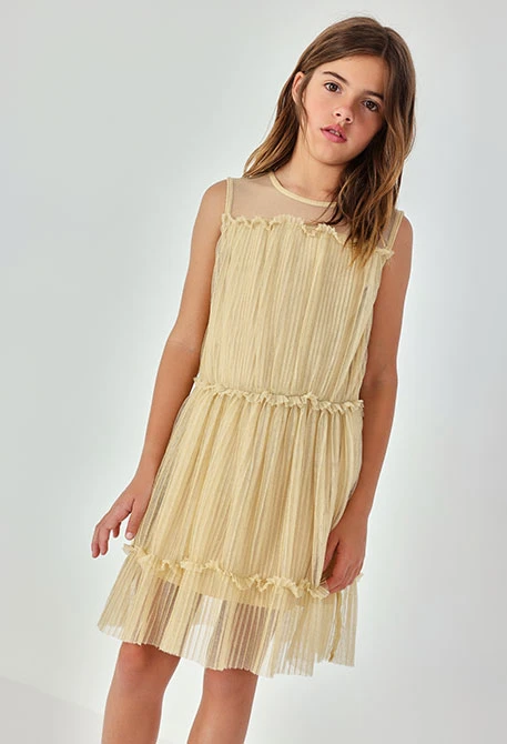 Pleated tulle dress for girls in gold colour