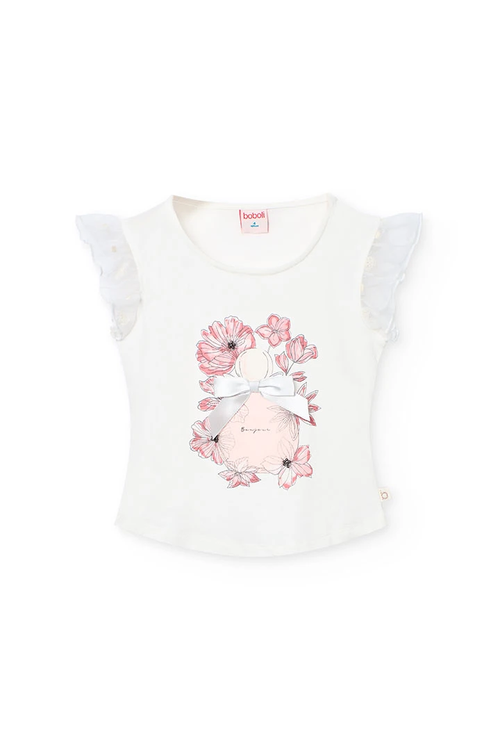 T-shirt en tricot pour fille en blanc avec motif de fleurs.
