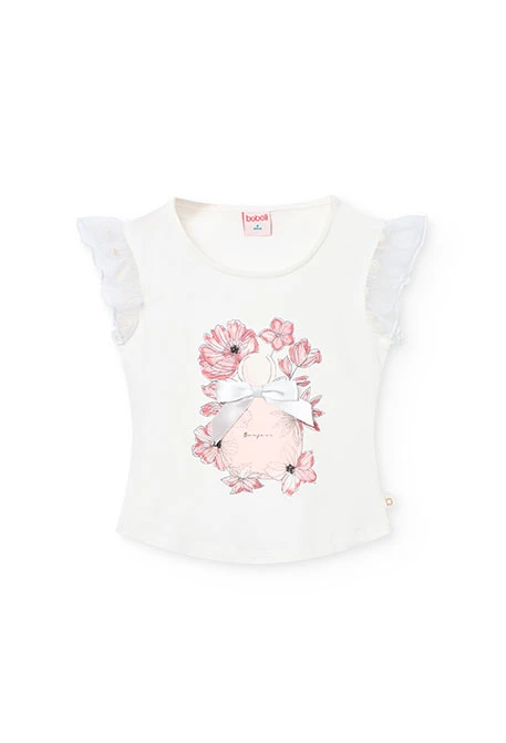 Camiseta de punto para niña en blanco con diseño de flores