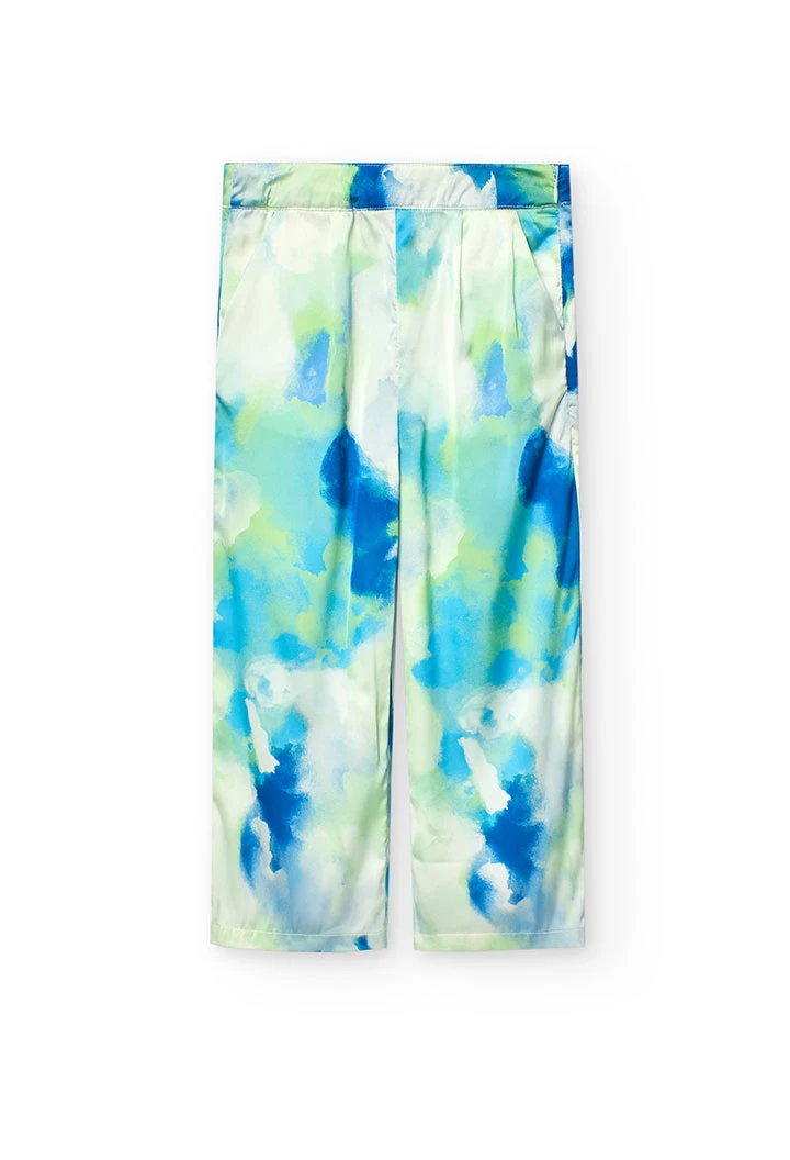 Calças largas de cetim para menina com estampado em azul e verde