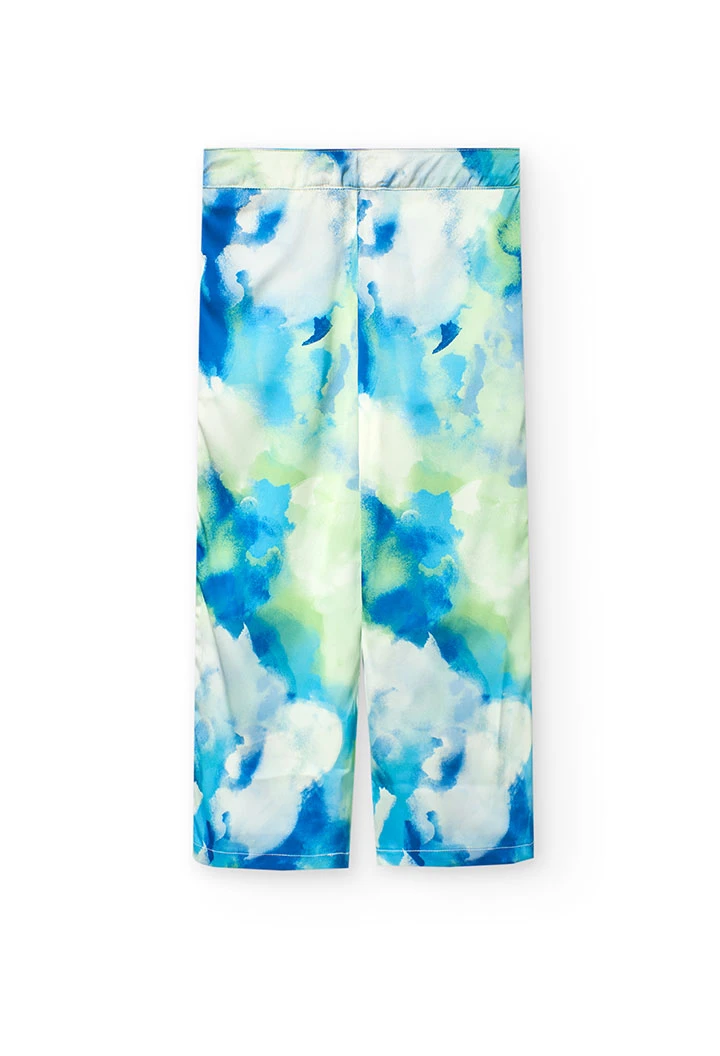 Calças largas de cetim para menina com estampado em azul e verde