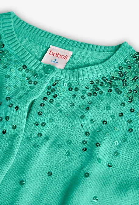 Chaqueta de tricotosa para niña en color verde con diseño de brillantes