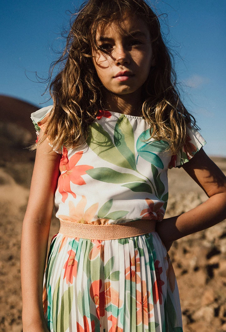 Macacão de chiffon plissado para menina com design de flores em cor-de-rosa e verde