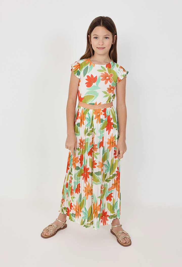 Combinaison en mousseline plissée pour fille avec motif floral en rose et vert.
