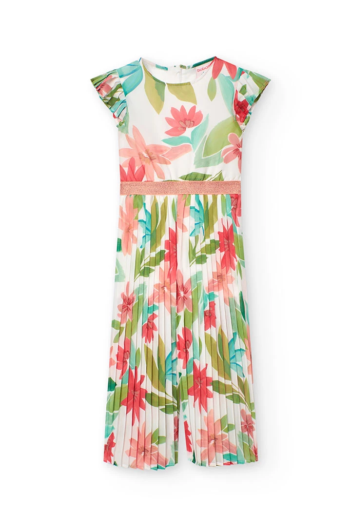 Macacão de chiffon plissado para menina com design de flores em cor-de-rosa e verde