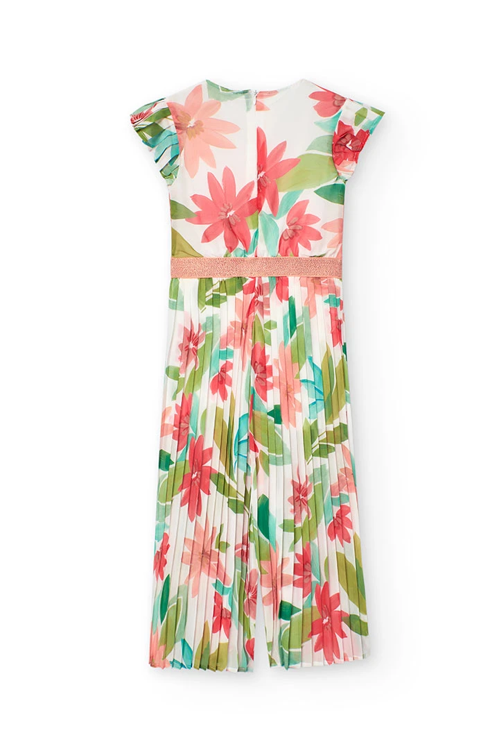 Macacão de chiffon plissado para menina com design de flores em cor-de-rosa e verde