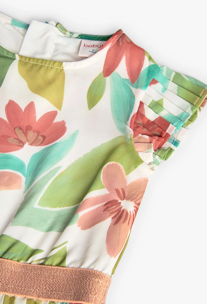 Macacão de chiffon plissado para menina com design de flores em cor-de-rosa e verde