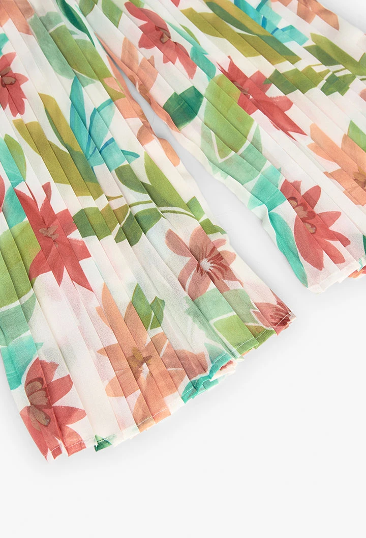 Macacão de chiffon plissado para menina com design de flores em cor-de-rosa e verde