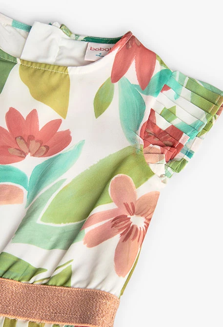 Macacão de chiffon plissado para menina com design de flores em cor-de-rosa e verde