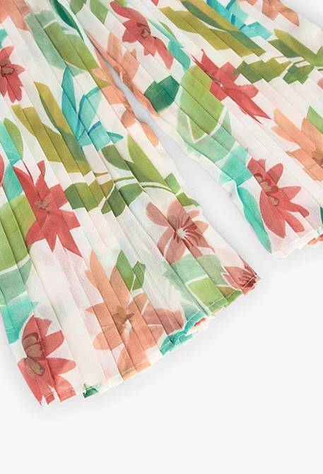 Macacão de chiffon plissado para menina com design de flores em cor-de-rosa e verde