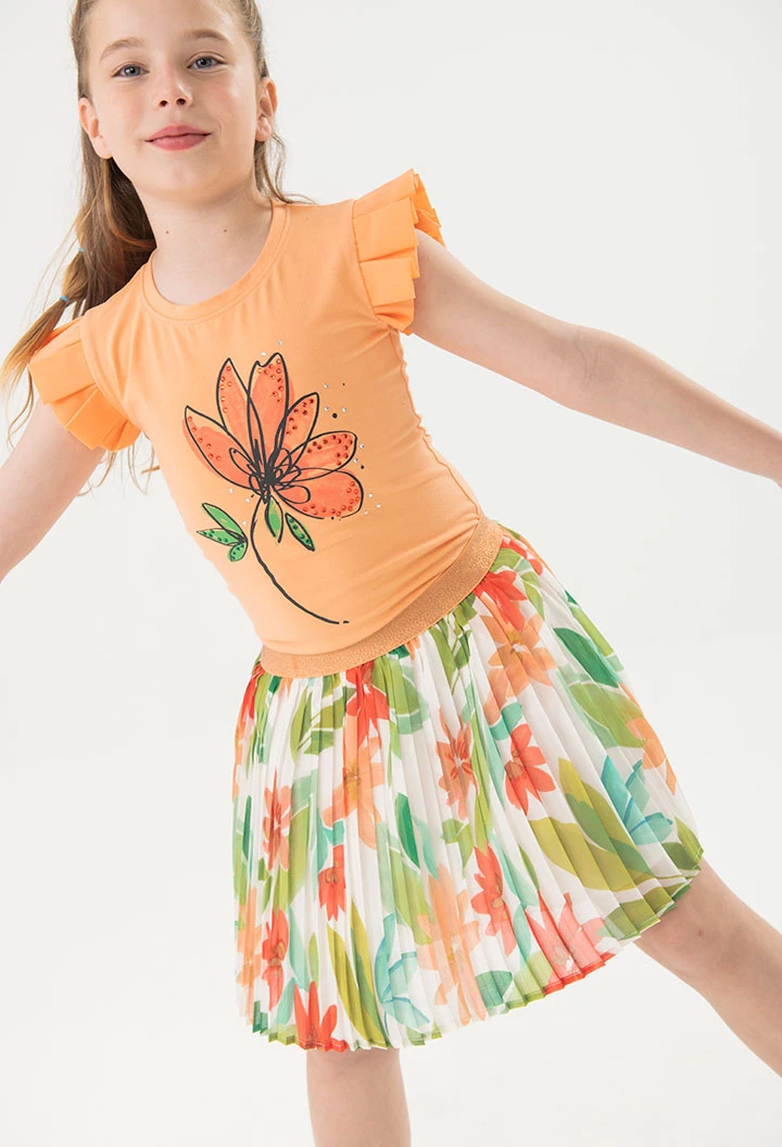 Saia de chiffon plissada para menina com estampado de flores