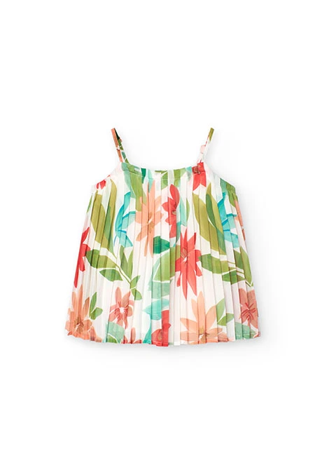Blusa de chiffon plissada para menina com estampado de flores