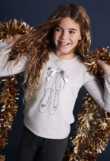 Maglietta bambina a maglia fiocco grigia