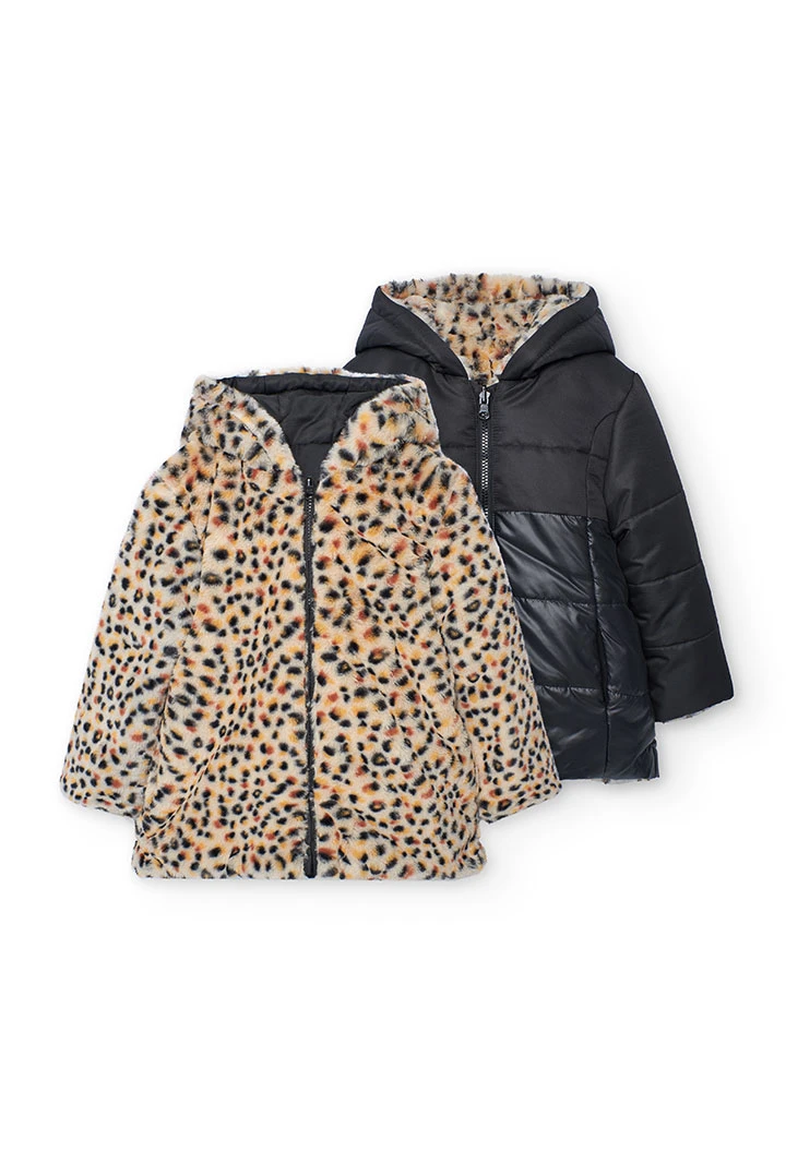 Parka menina reversível preto leopardo