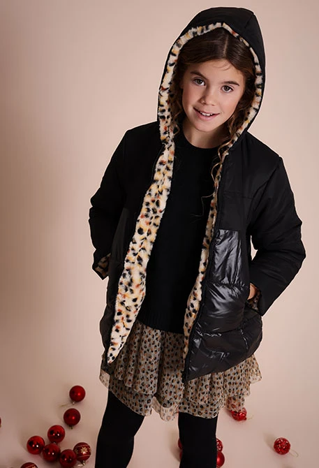 Reversible black leopard girl´s parka