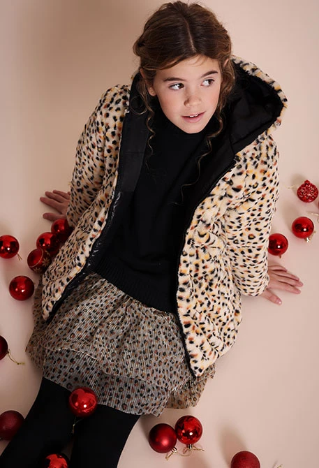 Reversible black leopard girl´s parka
