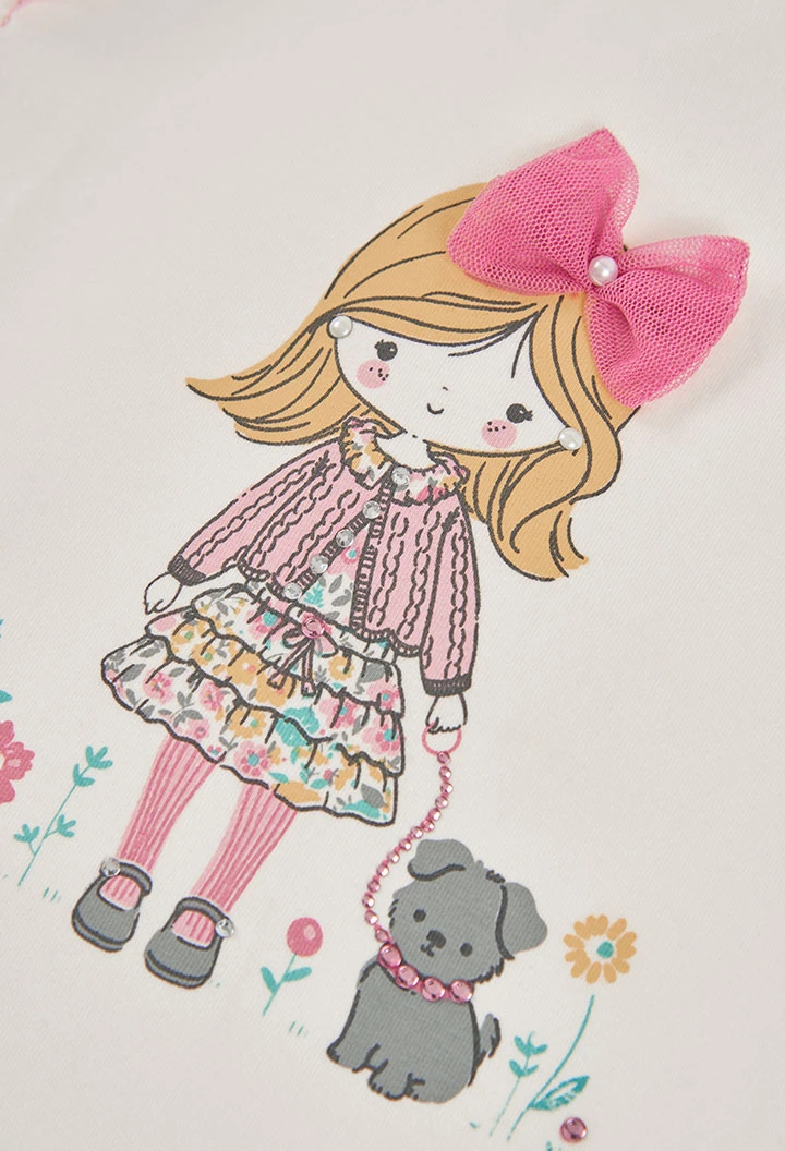 T-shirt en maille fille blanc cassé imprimé poupée avec tulle