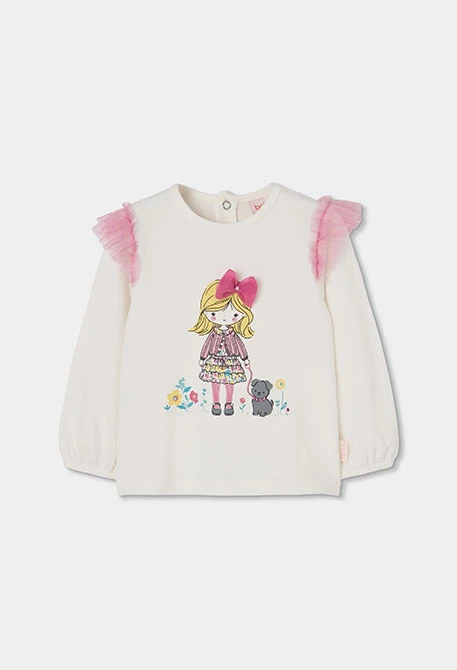 T-shirt en maille fille blanc cassé imprimé poupée avec tulle