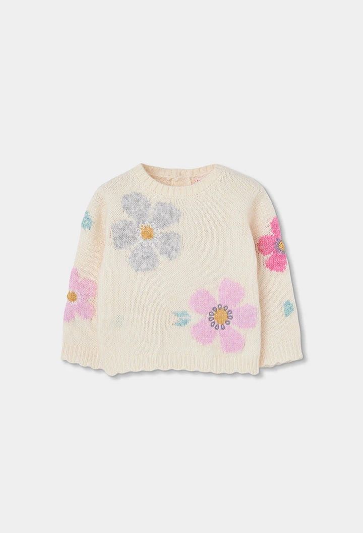 Pull fille blanc imprimé fleurs