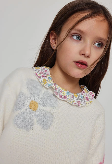 Pull fille blanc imprimé fleurs