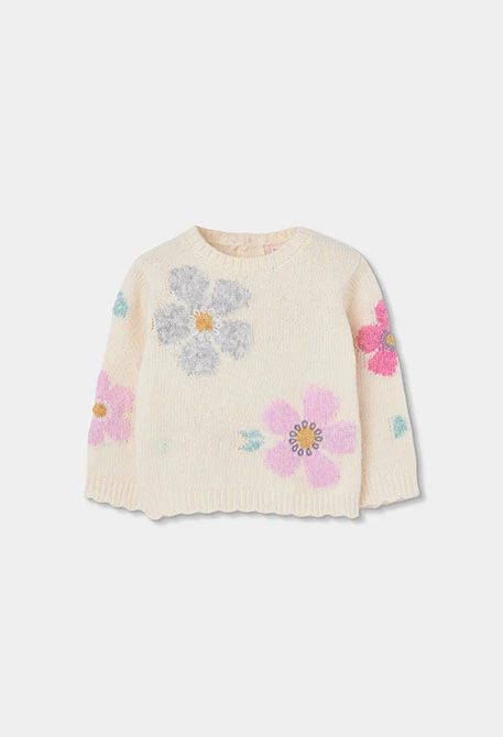 Pull fille blanc imprimé fleurs