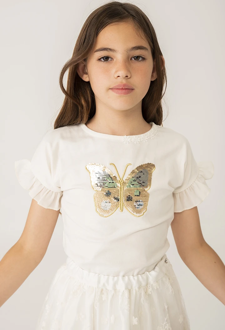 Camiseta punto mariposa con volantes de niña