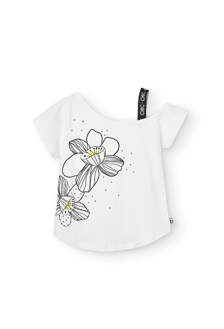 Camiseta malha elástica "floral" para menina