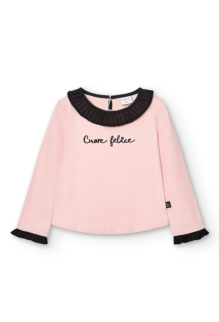 Camiseta punto combinada de niña rosa