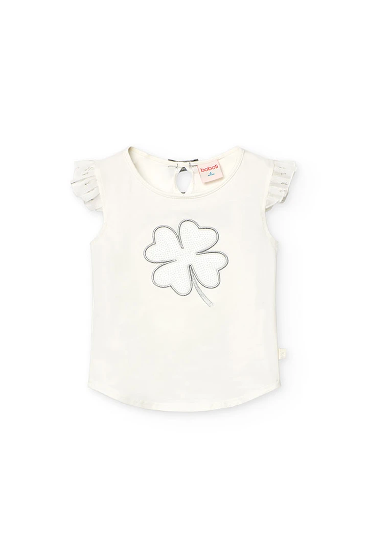 T-shirt tricoté maille combinée pour fille, coloris blanc