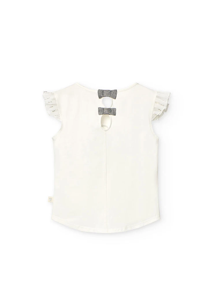 T-shirt tricoté maille combinée pour fille, coloris blanc