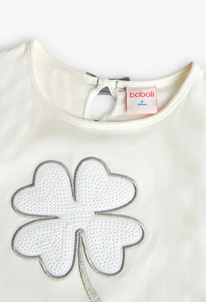 T-shirt tricoté maille combinée pour fille, coloris blanc