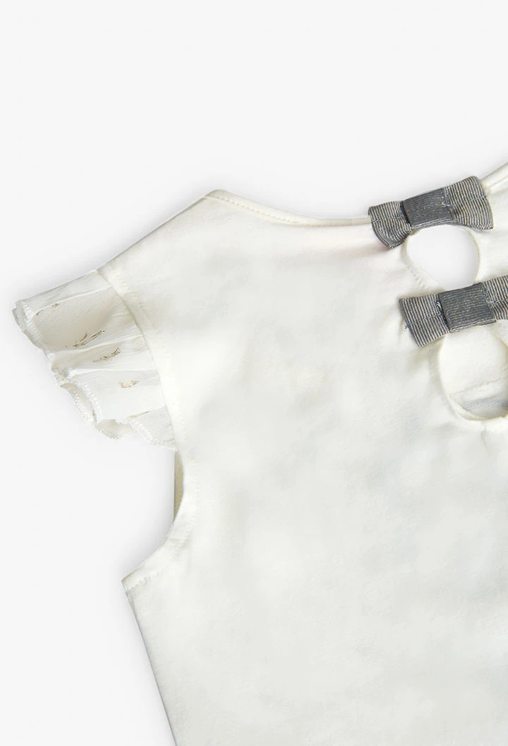 T-shirt tricoté maille combinée pour fille, coloris blanc