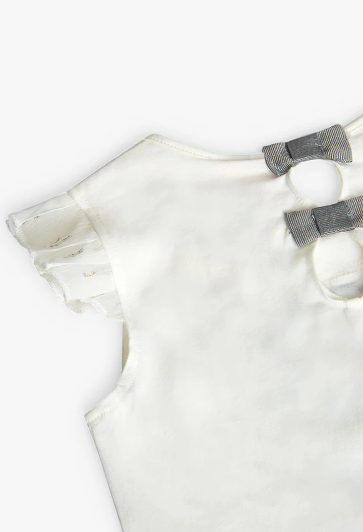 T-shirt tricoté maille combinée pour fille, coloris blanc