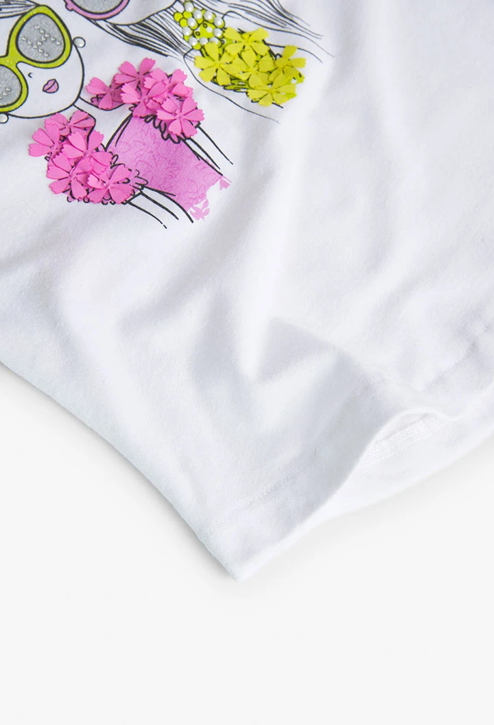 Camiseta blanca de niña de punto elástico